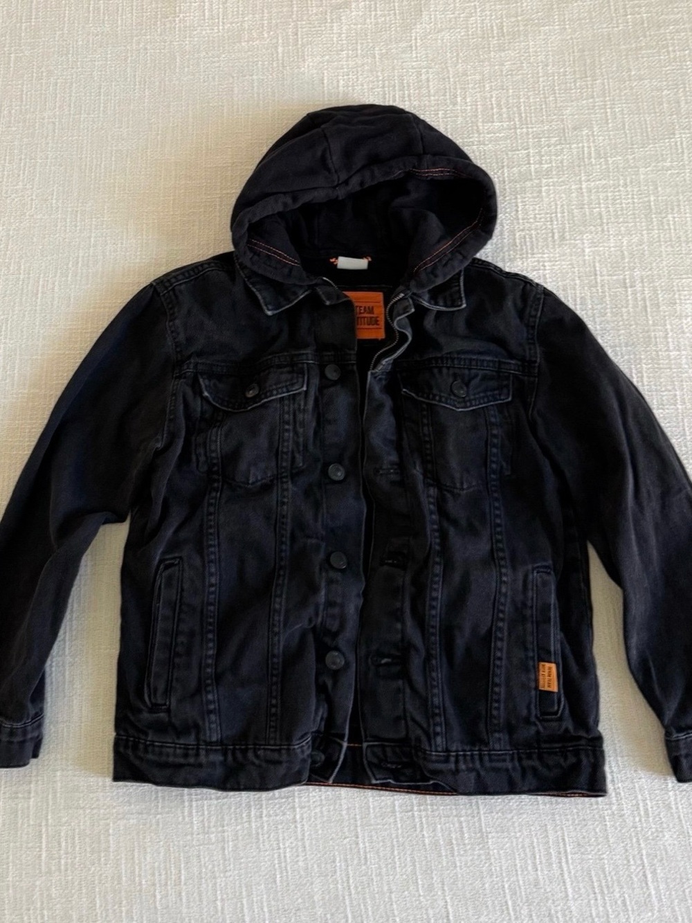 Boys Black Hooded Denim Jacket Fleece Lined - Casual Layering